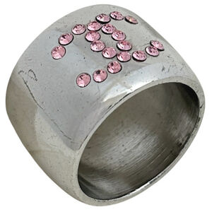 CHANEL Coco Mark Rhinestone Heart Ring, Silver Plated, Women's